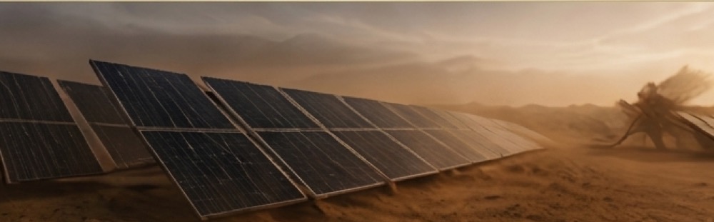 Rows of solar panels in a dusty desert landscape