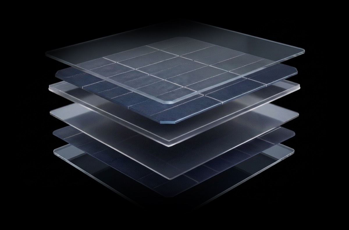 Exploded view of the BIPRO panel layers showing the half-cut N-type cells and glass